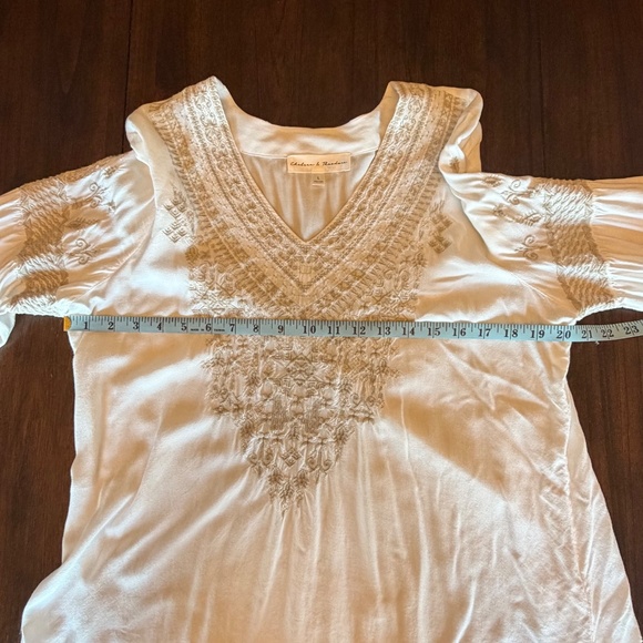 Chelsea & Theodore Boho Chic Blouse Bell Sleeve, Tan & Cream, Size Large - Picture 14 of 16